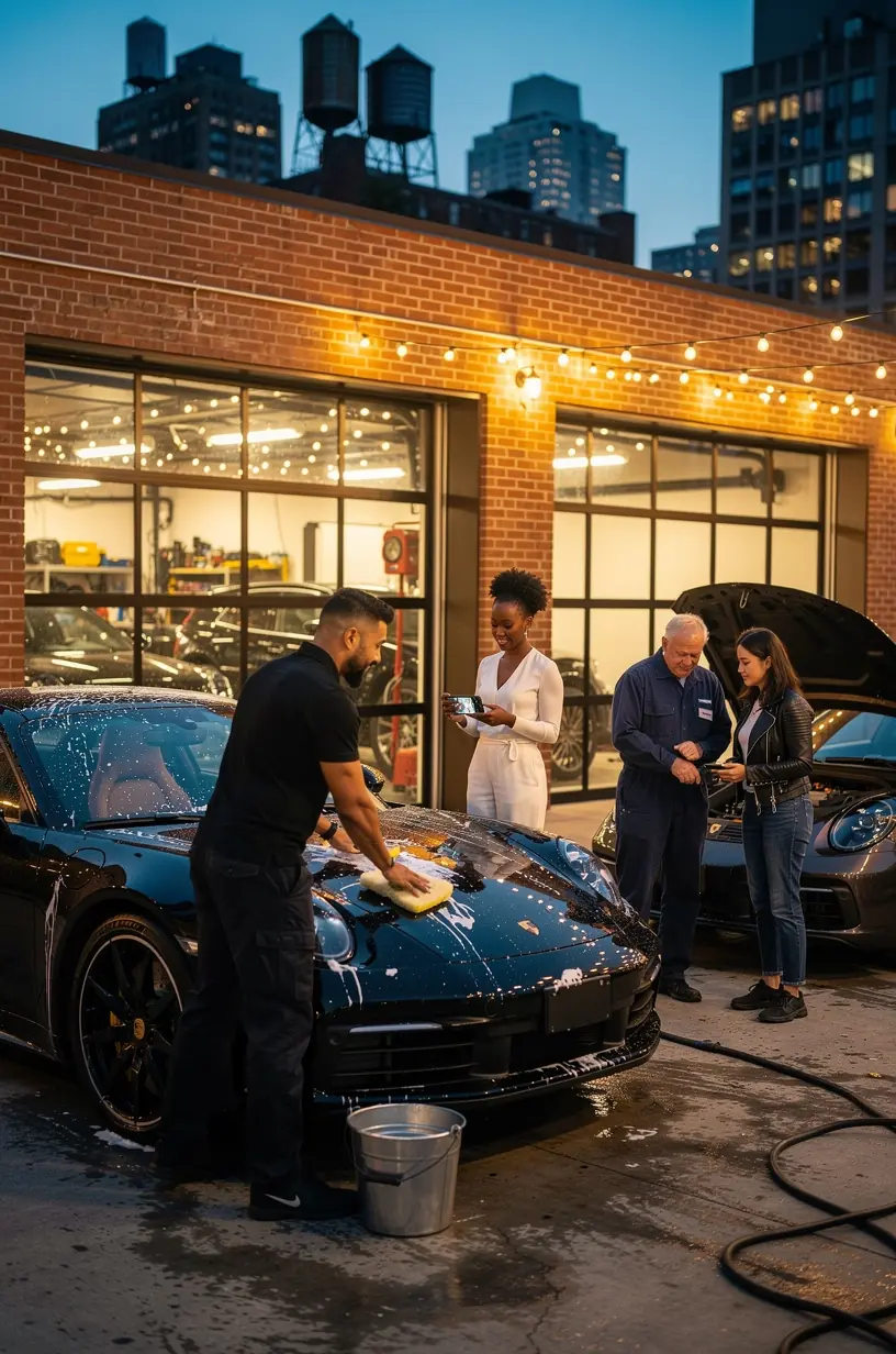 Concierge service vehicle arriving to pick up a luxury car for scheduled maintenance and detailing in an urban New York setting.